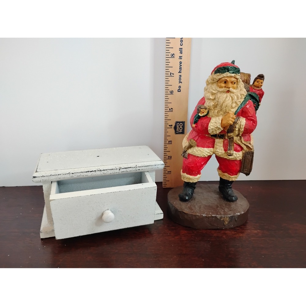 Vintage Style Santa Claus Figurine with Distressed White Wooden Drawer Box Set